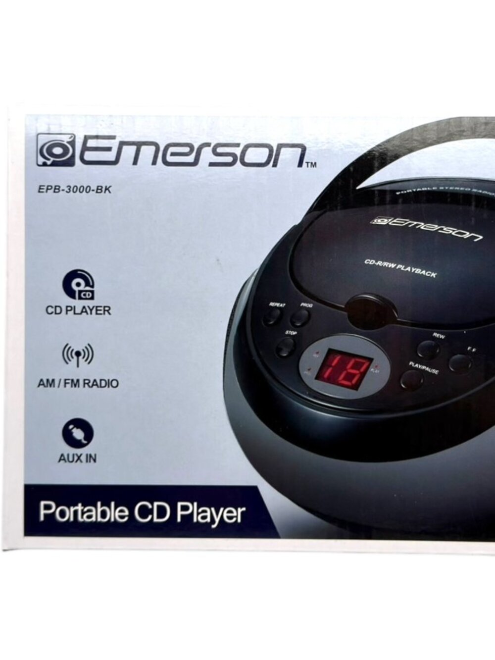 Emerson EPB-3000 Portable CD Boombox AM/FM Radio AUX Input Stereo Black